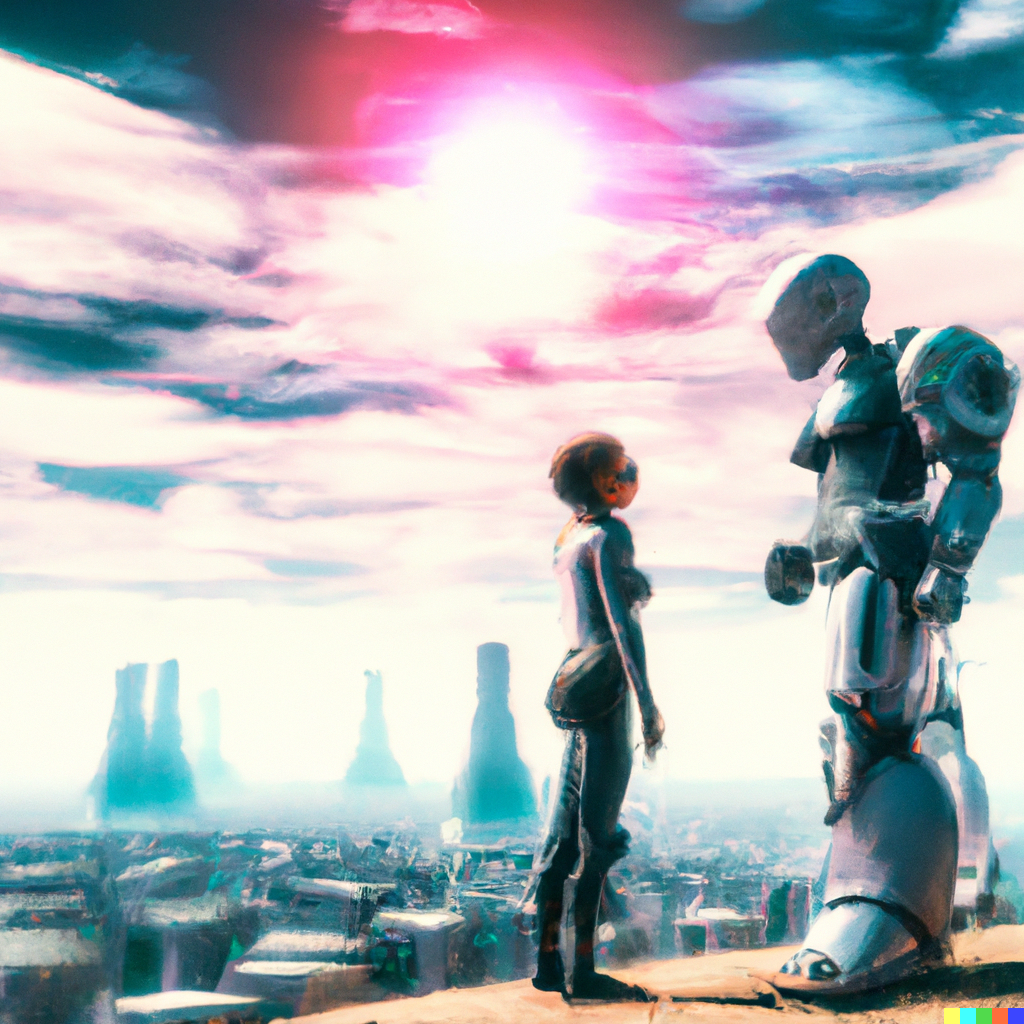 "A robot and a human discussing the future of humanity in a futuristic city landscape". DALL-E 2