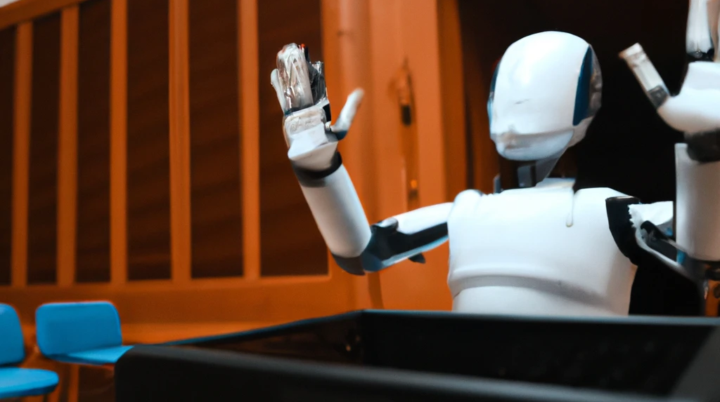 AI generated image - a robot standing in the witness box at court with its arms spread, and palms up as if it is explaining itself.