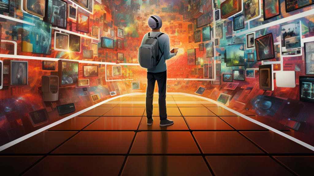 A person is standing in the middle with many pictures around them representing concurrent conversation.