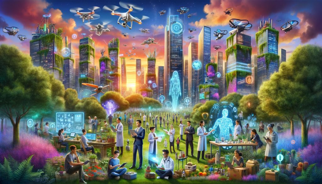 A futuristic cityscape at twilight, blending technology with nature. Diverse individuals interact with AI technologies, including holograms and robots, against a backdrop of eco-friendly skyscrapers. Drones fly overhead in the sky, transitioning from day to night, symbolising the onset of a new era in human and AI coexistence. This vibrant scene captures the potential impacts of AI on jobs, intelligence, and our collective future.