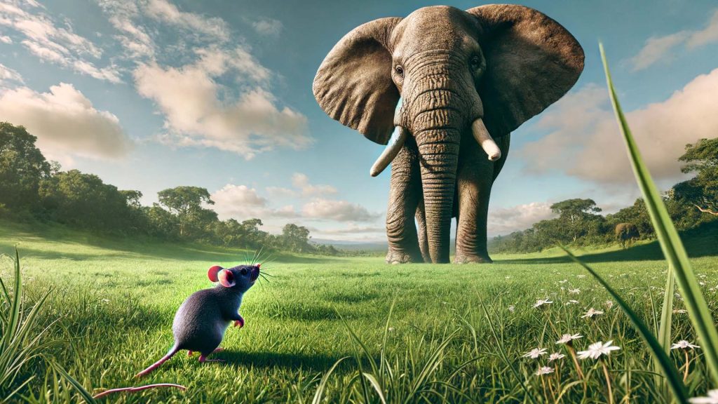 A large elephant representing large language models and a mouse representing small language models