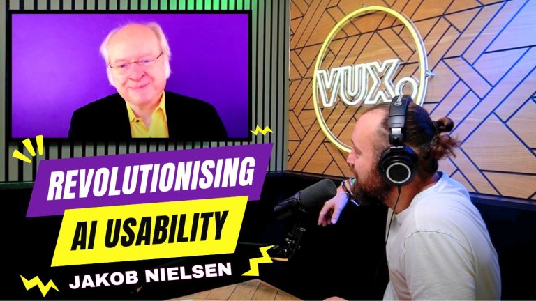 A podcast recording featuring a remote video interview with Jakob Nielsen, who appears on a screen with a purple background. He is an older man with white hair, glasses, and a black suit over a yellow shirt, smiling. On the right, a bearded man with a tied-back bun, wearing headphones and a white shirt, speaks into a microphone in a professional podcast studio with wooden paneling and a neon 'VUX' sign. The image includes bold text reading 'Revolutionising AI Usability' in purple and yellow, with Jakob Nielsen’s name highlighted below.