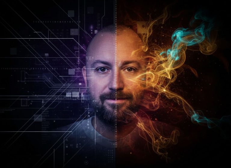 Kane Simms staring towards the camera with a rule based flow on one side of the image and a fluid organic motion on the other side.
