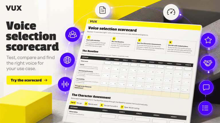 The VUX AI voice selection scorecard, showing the Baseline and Character Assessment tables